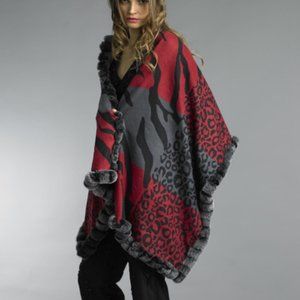 Animal Print Cape with Rex Rabbit Fur Trim